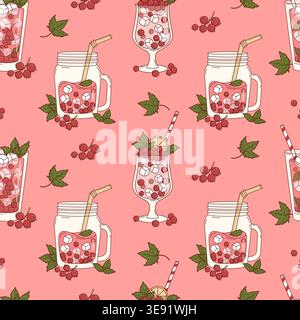 Red Currant Summer Drinks Seamless Pattern. Fresh Cocktail with Ice Cubes, Berries, Mint and Lemon on Pink Background. Square template. Vector Illustr Stock Vector