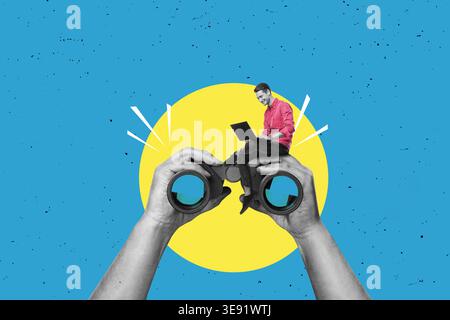 A man with a laptop is sitting on a hands holding a big binoculars. Art collage. Searching for information on the internet, planning and analysis conc Stock Photo