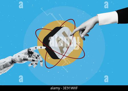 White cyborg robotic hand pointing his finger to human hand with stretched finger to the ai symbol - cyber la creation. Flat design art collage. Stock Photo