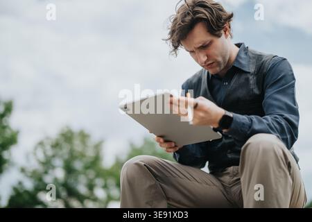 Businessman outdoors concentrating on a tablet with stylus while working remotely and taking notes Stock Photo
