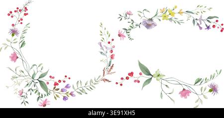 Watercolor wildflower wreath elements set, hand drawn botanical semi-circle frames with berries, meadow blossoms. Vector floral set isolated on white Stock Vector