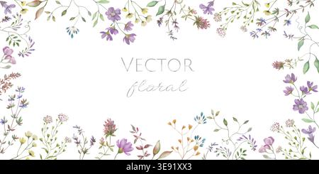Watercolor wildflower rectangle frame, hand painted botanical border with meadow flowers,  greenery. Vector illustration isolated on white background. Stock Vector