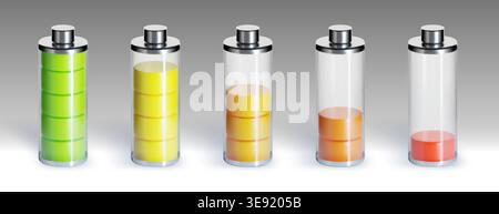 3D battery charge icon set from empty to full levels, realistic vector illustrations isolated on background. Smartphone power indicators with neon color bars, mobile device energy status Stock Vector