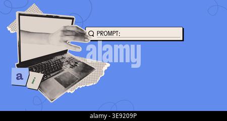 Modern AI technology collage with halftone laptop and hand inserting prompt in search bar. Vector realistic illustration of artificial intelligence tools for education, business, content generation Stock Vector