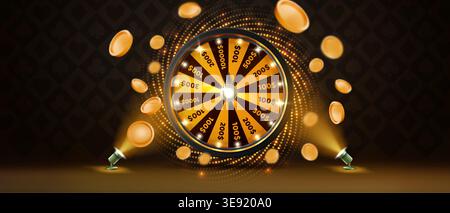 Casino wheel and flying golden coins in light of spotlights on black background. Vector realistic illustration of online gambling banner design, fortune roulette spins game, winner prize money in air Stock Vector