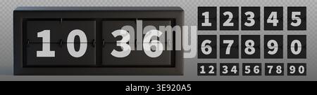 Mechanical flip clock display with countdown numbers and timer digits, realistic vector illustration isolated on transparent background. Black retro scoreboard panel showing time, classic style font Stock Vector