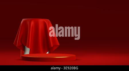 Red silk cloth draped over hidden box or podium, realistic vector background. Elegant reveal moment with flowing fabric texture over white pedestal, round stage with golden line, mystery concept Stock Vector