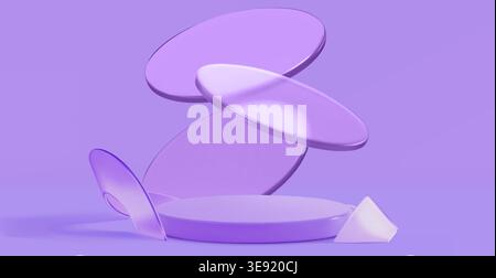Elegant round podium with glass morphism shapes on purple background. 3D realistic vector backdrop with glossy platform for beauty product display with floating in air transparent geometric forms Stock Vector