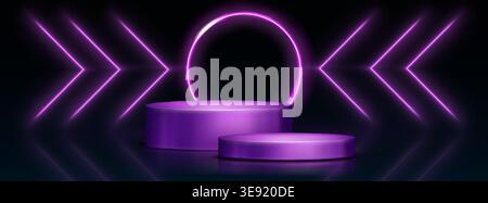Casino podium with neon lights, abstract vector background. Futuristic 3D stage platform, electrifying game show atmosphere with vibrant LED effect and glowing geometric design elements. Stock Vector