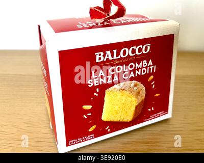 Colomba Cake quintessential traditional Italian Easter Cake with no candied fruit, box packaging by Balocco, Italy Stock Photo