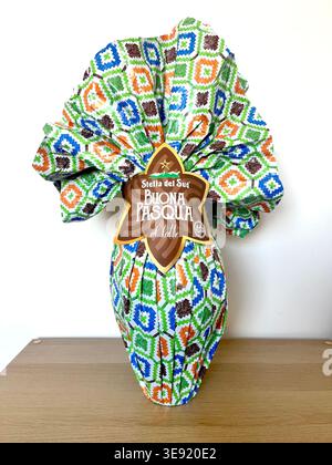 Giant Easter chocolate egg wrapped in traditional packaging by Stella Del Sud, Italian traditional sweet product Stock Photo