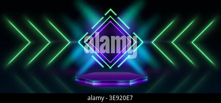 Casino podium with neon lights, abstract vector background. Futuristic 3D stage platform, electrifying game show atmosphere with vibrant LED effect and glowing geometric design elements. Stock Vector
