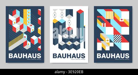Bauhaus design posters with geometric shapes and modern swiss patterns. Abstract vector backgrounds, layout templates with red, yellow, blue accents in minimalist architectural style. Stock Vector