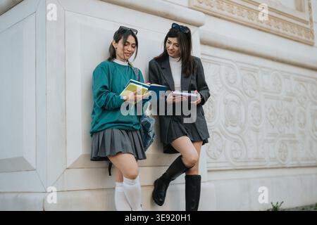 Two female students studying and chatting outdoors by decorative building wall with books and backpacks Stock Photo