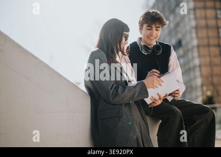 Two students studying notes together outdoors on a sunny urban campus, smiling and collaborating Stock Photo