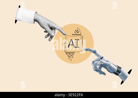 White cyborg robotic hand pointing his finger to human hand with stretched finger to the ai symbol - cyber la creation. Flat design art collage. Stock Photo