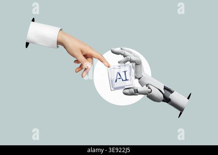 White cyborg robotic hand holds ai technology in his finger and a human hand extends its finger for it - 3D rendering isolated on flat design backgrou Stock Photo