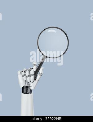 White cyborg robotic hand holds a magnifying glass in his finger - Using AI and chatbots to search for information - isolated on free blue background. Stock Photo