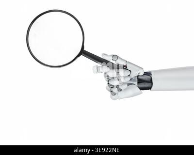 White cyborg robotic hand holds a magnifying glass in his finger - Using AI and chatbots to search for information - isolated on free white background Stock Photo