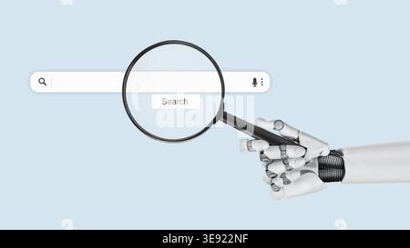 White cyborg robotic hand holds a magnifying glass in his finger - Using AI and chatbots to search for information - isolated on free PNG background. Stock Photo