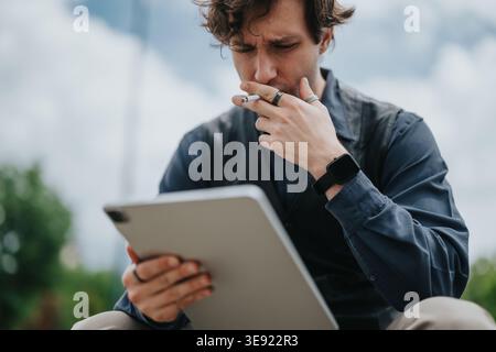 Businessman smoking while reading tablet outdoors, thoughtful young professional using digital device Stock Photo