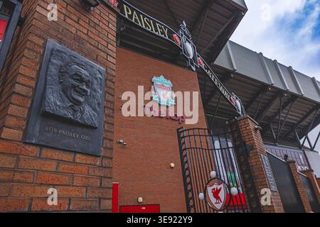 The Bob Paisley Gateway stands at the Kop end of Anfield Stadium, the iconic home of Liverpool Football Club. Stock Photo
