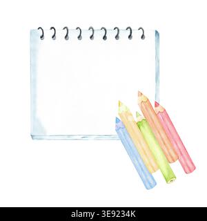 Blank spiral notebook with colored pencils on transparent background for kids school art background and poster design. Copy space. Back to school. Iso Stock Photo