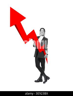 The woman with a large rising business arrow in her arm isolated on free white Background. Success Concept Stock Photo