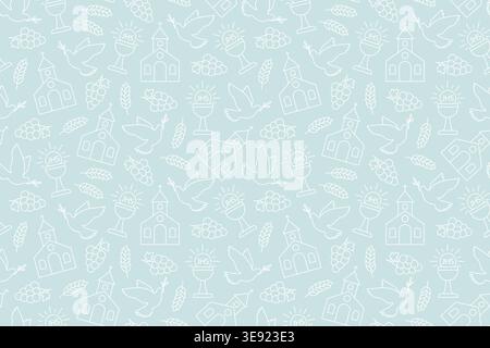 seamless pattern with christian religion icons: holy communion chalice, grapes, wheat, dove with olive twig, church - vector illustration Stock Vector
