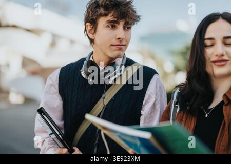 Two college students walking on campus studying together with books and headphones Stock Photo
