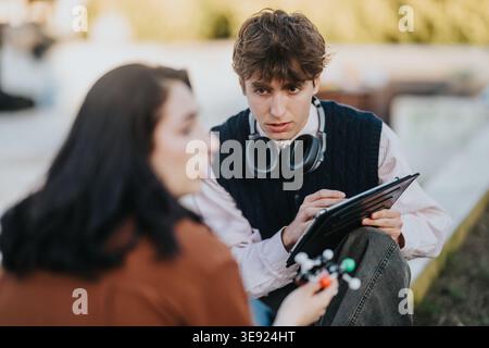 Two students studying chemistry outdoors with a tablet and molecular model in a casual discussion Stock Photo