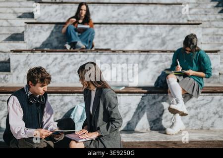 Students studying and talking together on outdoor campus steps during a sunny day Stock Photo