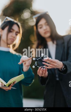 Two students examining a molecular model outdoors while taking notes and discussing chemistry concepts Stock Photo