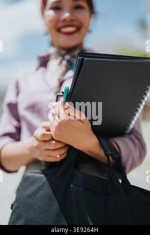 Business coworker holding notebook and pen while carrying a work bag and smiling outdoors Stock Photo