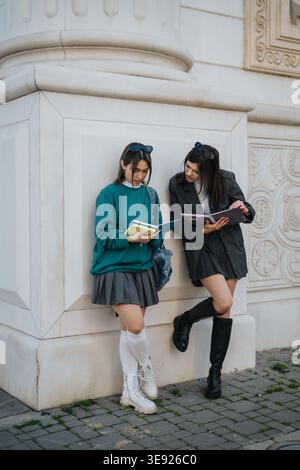 Two students studying together outside a classical building, reading notebooks and talking Stock Photo
