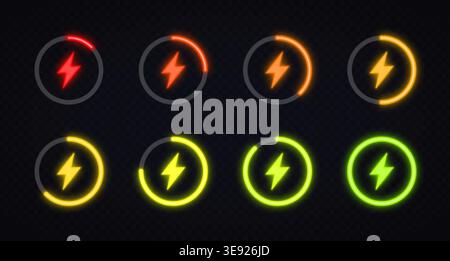 Neon battery charge icons with color levels from red to green. Glowing circular indicators showing power progress and energy status Stock Vector