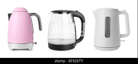 Different electric kettles isolated on white, set Stock Photo