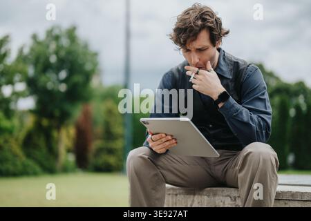 Businessman smoking while using a tablet outdoors, looking thoughtful during a park break Stock Photo