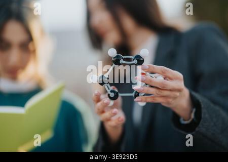 Two students examining a molecular model during a chemistry study session outdoors Stock Photo