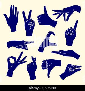 Hand gestures set in bold blue color minimal style Stock Vector