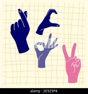 Hand gestures set in modern flat style on grid background Stock Vector