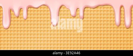 Waffle with pink ice cream texture. Wafer cone pattern bg with icecream melt. Candy gelato drip on lattice shape biscuit, vector rectangle poster Stock Vector