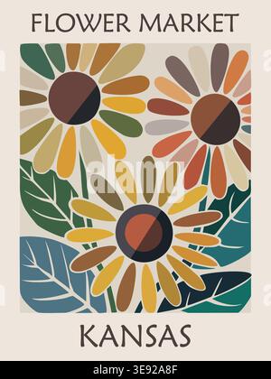 Flower Market Kansas retro poster with sunflowers Stock Vector