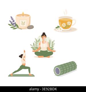 Aromatherapy and wellness set with yoga poses candle chamomile tea Stock Vector