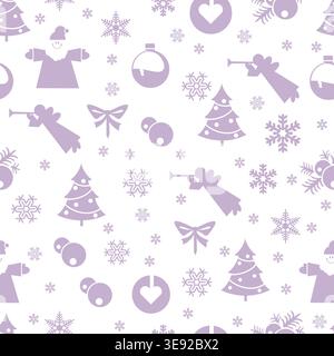 Christmas seamless pattern showing santa claus, angels, christmas trees, snowflakes, hearts, ornaments, and bows Stock Vector
