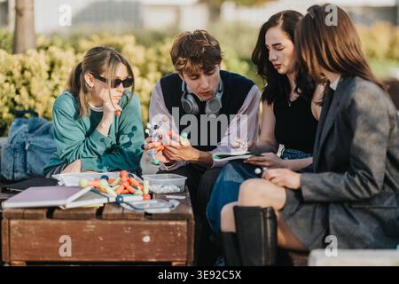 College students studying a molecular model together on an outdoor campus bench Stock Photo