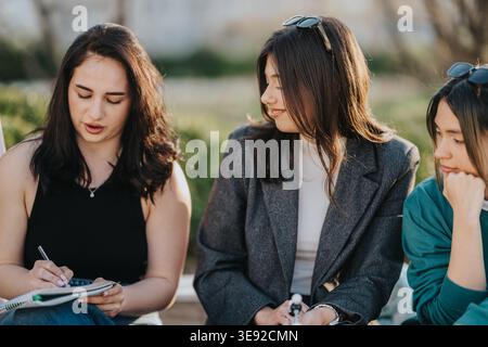 Three female students studying together outdoors, taking notes and talking on campus Stock Photo
