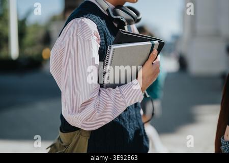 Student holding notebooks and headphones while walking past campus buildings Stock Photo