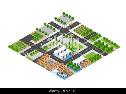 Vibrant isometric city showcasing parks, roads, warehouses, and logistics, representing urban planning and infrastructure Stock Vector