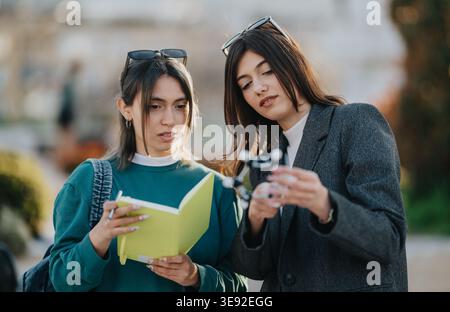 Two female students examining a molecular model and notebook while studying together outdoors Stock Photo